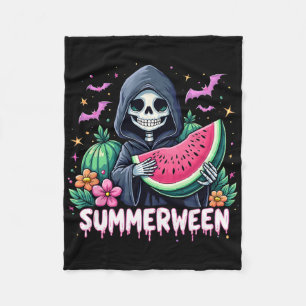 Funny Summerween Skeleton Watermelon Halloween Art Fleece Blanket