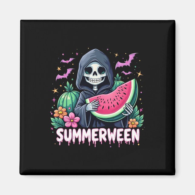 Funny Summerween Skeleton Watermelon Halloween Art Magnet (Front)