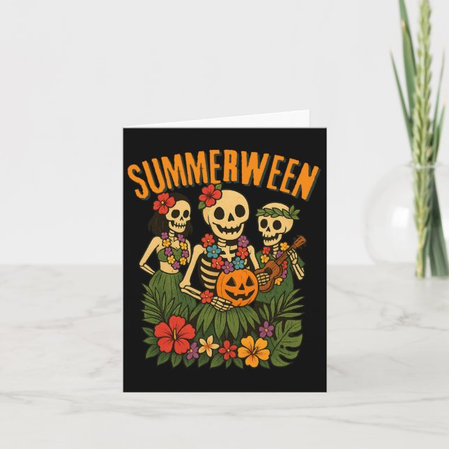 Funny Summerween Skeletons Luau Party Halloween Be Card (Front)