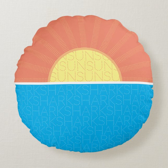 Funny Sun and Sharks Summer Round Pillow (Front)