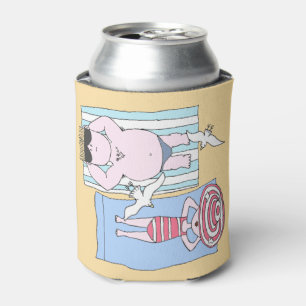 Funny Sunbathers at Beach Hand Drawn Art Can Cooler
