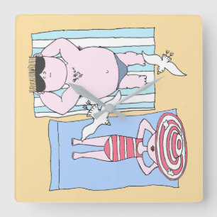 Funny Sunbathers at Beach Hand Drawn Art Square Wall Clock