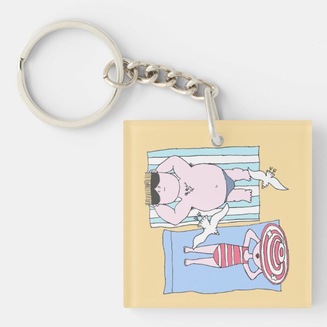 Funny Sunbathing Couple Cartoon Seaside Art Keychain (Front)