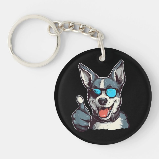 Funny sunglasses dog with thumbs up keychain (Front)