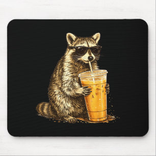 Funny sunglasses raccoon drinking iced coffee mouse pad