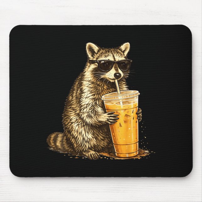 Funny sunglasses raccoon drinking iced coffee mouse pad (Front)