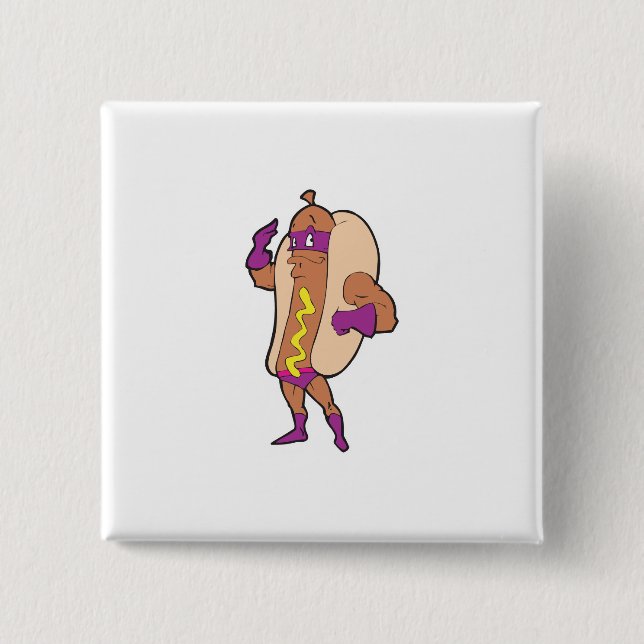 funny super hero hot dog character 2 inch square button (Front)