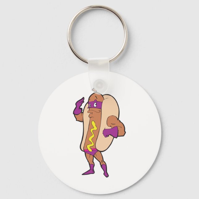 funny super hero hot dog character keychain (Front)