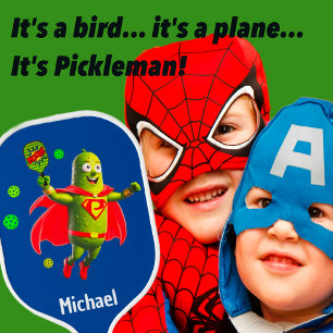 Funny Super Pickleman on Blue Personalized Pickleball Paddle