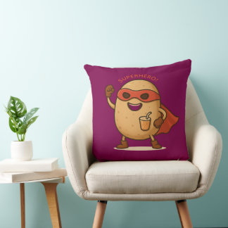 Funny Superhero Potato Cartoon Graphic Throw Pillo Throw Pillow