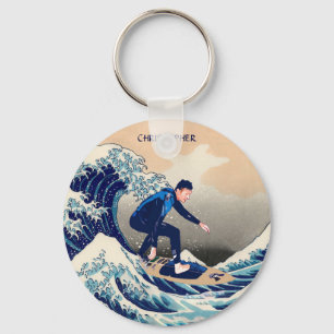 Funny Surfer Surfing On The Hokusai Great Wave Keychain
