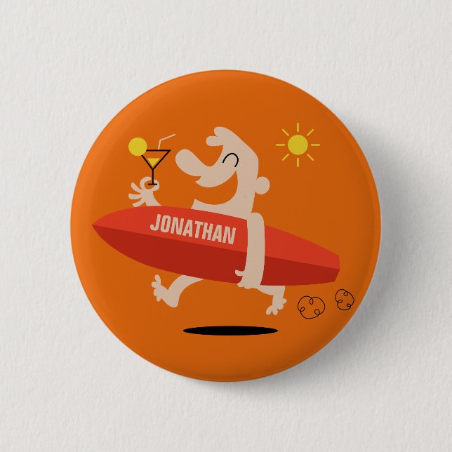 Funny Surfer with Cocktail custom name buttons (Front)