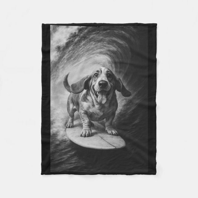 Funny Surfing Bet Hound Selfie On Surfboard Beach  Fleece Blanket (Front)