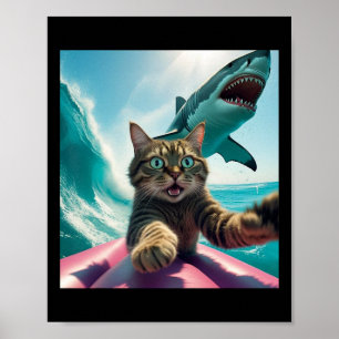 Funny Surfing Cat Selfie With Shark Meme _1 Poster