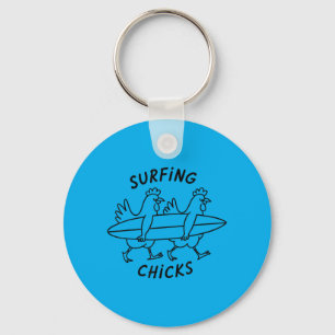 Funny Surfing Chicks Chicken Surfer Beach Humour Keychain