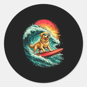 Funny surfing dog golden retriever beach waves classic round sticker
