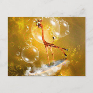 Funny surfing giraffe with wave and bubbles postcard