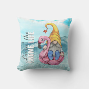 Funny Surfing Gnome Pink Flamingo Summer Beach Outdoor Pillow
