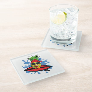Funny Surfing Pineapple Glass Coaster