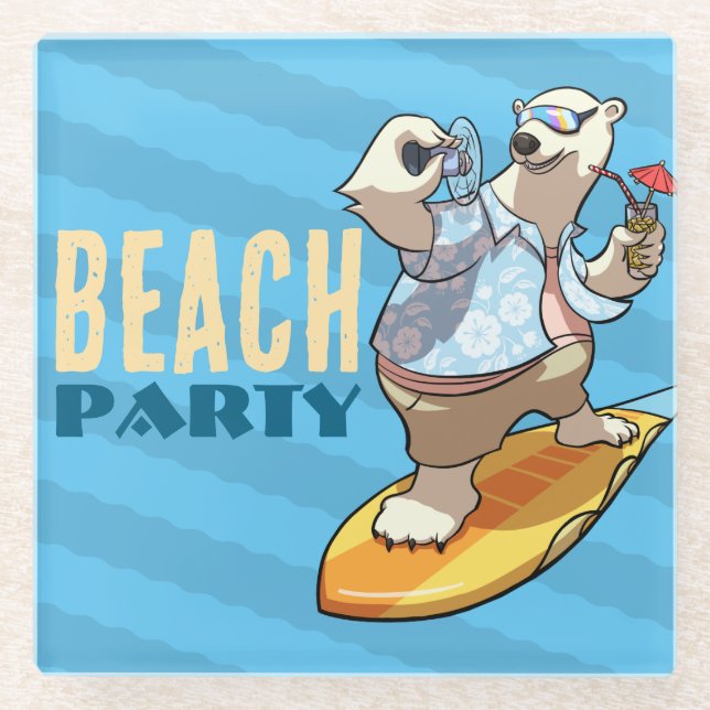 Funny Surfing Polar Bear Beach Party Cartoon Glass Coaster (Front)
