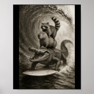 Funny Surfing Raccoon Capybara Crocodile Selfie Poster