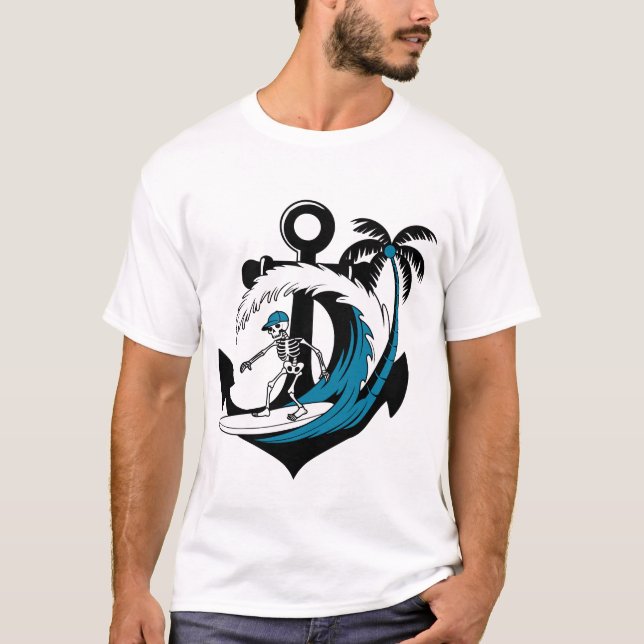 Funny Surfing Skeleton Beach Vibes Summer Surf Tee (Front)