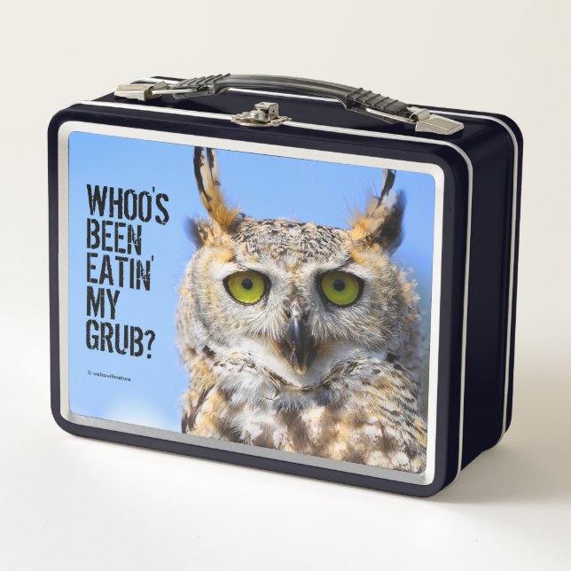 Funny Surprised Beautiful Great Horned Owl Metal Lunch Box (Front)