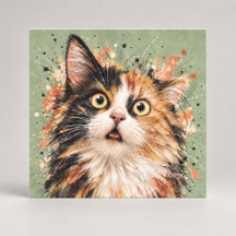 Funny Surprised Calico Cat Watercolor Art