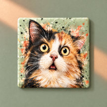 Funny Surprised Calico Cat Watercolor Art
