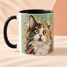 Funny Surprised Calico Cat Watercolor Art