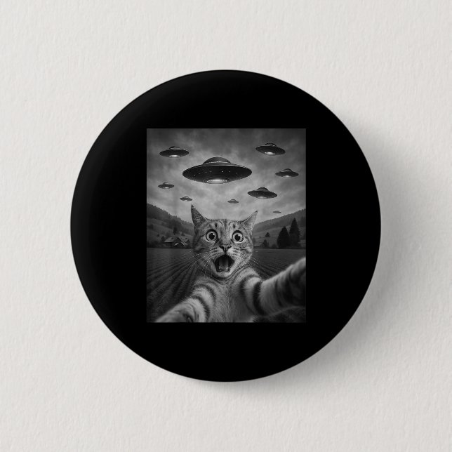 Funny Surprised Ed Cat Selfie With Alien Ufo Cat U 2 Inch Round Button (Front)