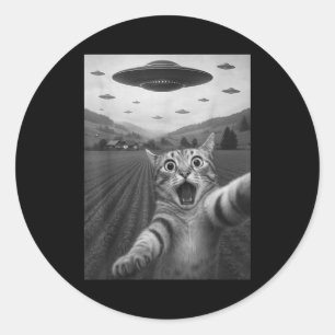 Funny Surprised Ed Cat Selfie With Alien Ufo Cat U Classic Round Sticker