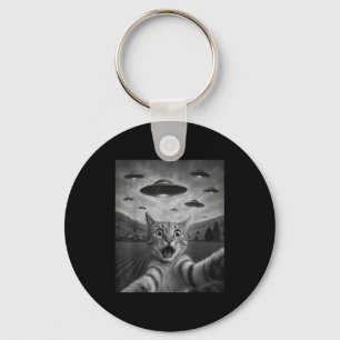 Funny Surprised Ed Cat Selfie With Alien Ufo Cat U Keychain