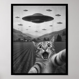Funny Surprised Ed Cat Selfie With Alien Ufo Cat U Poster
