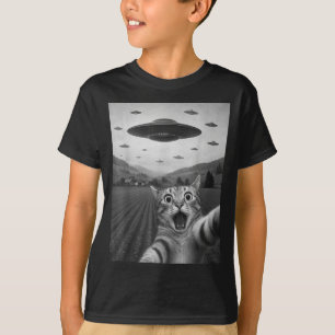 Funny Surprised Ed Cat Selfie With Alien Ufo Cat U T-Shirt