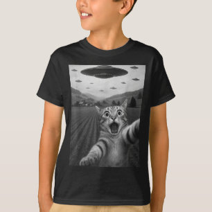 Funny Surprised Ed Cat Selfie With Alien Ufo Cat U T-Shirt