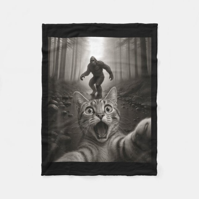 Funny Surprised Ed Cat Selfie With Bigfoot Sasquat Fleece Blanket (Front)