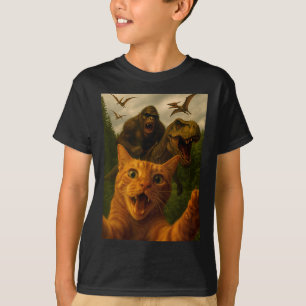 Funny Surprised Ed Cat Selfie With Bigfoot T-rex  T-Shirt