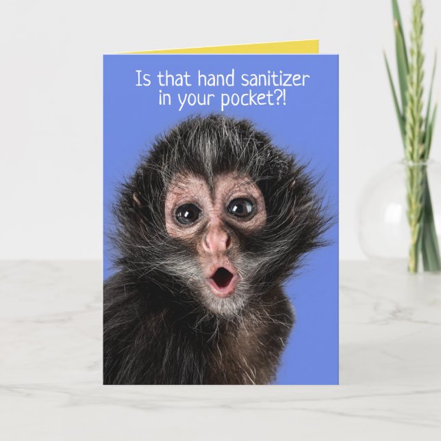 Funny Surprised Monkey Hand Sanitizer Greeting Card (Front)