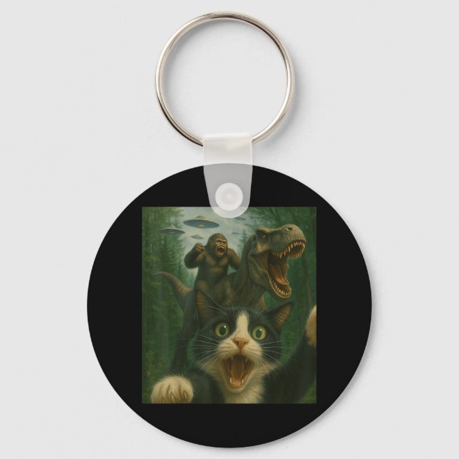 Funny Surprised Scared Cat Selfie T-rex Dinosaur B Keychain (Front)