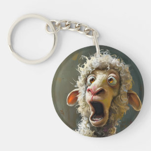 Funny Surprised Sheep Whimsical Animal Expression Keychain