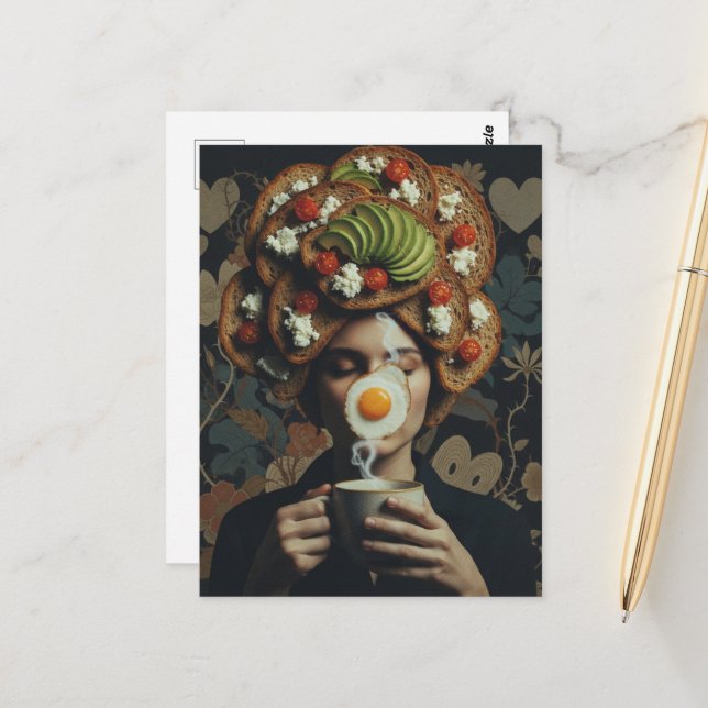 Funny Surreal Avocado Toast and Coffee lady Postcard (Front/Back In Situ)
