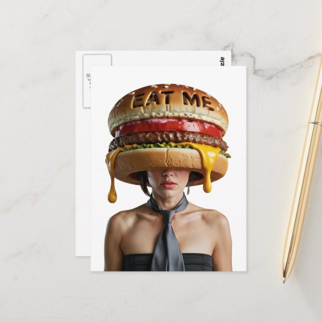 Funny Surreal Cheesburger Woman Postcard (Front/Back In Situ)