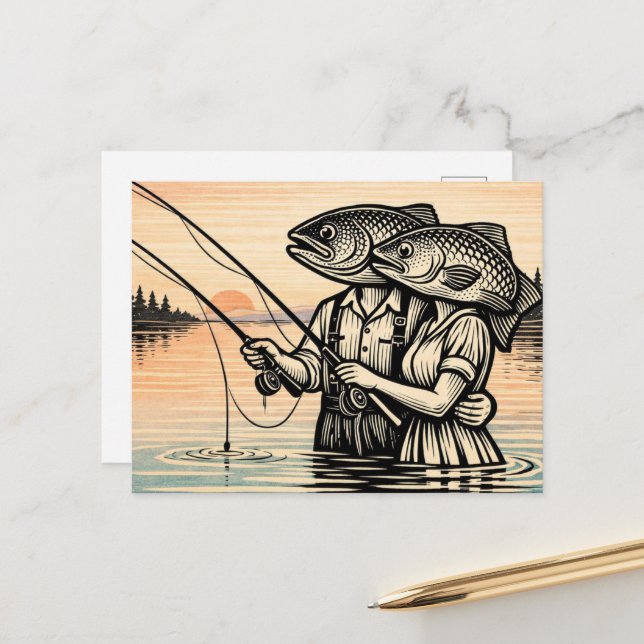 Funny Surreal Fishing Couple Postcard (Front/Back In Situ)