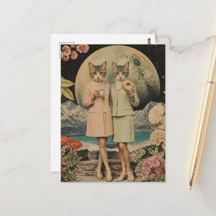Funny Surreal pair of cat ladies breakfast collage Postcard