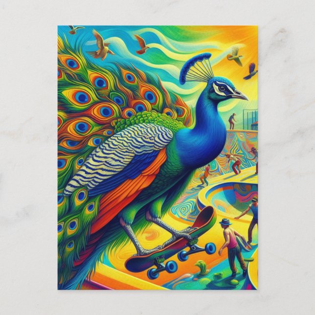 Funny Surreal Peacock Skateboarding Postcard (Front)