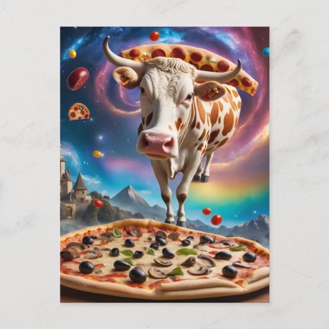 Funny Surreal Pizza Cow Colourful Collage Postcard (Front)
