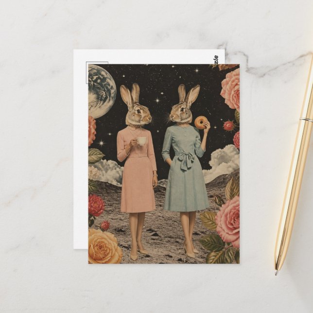 Funny Surreal Rabbit ladies breakfast collage Postcard (Front/Back In Situ)