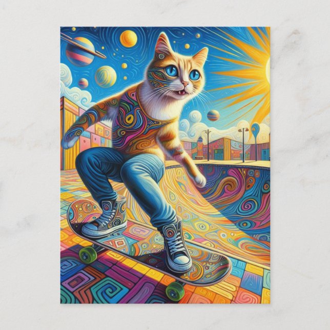 Funny Surreal Skateboarding Kitty Postcard (Front)