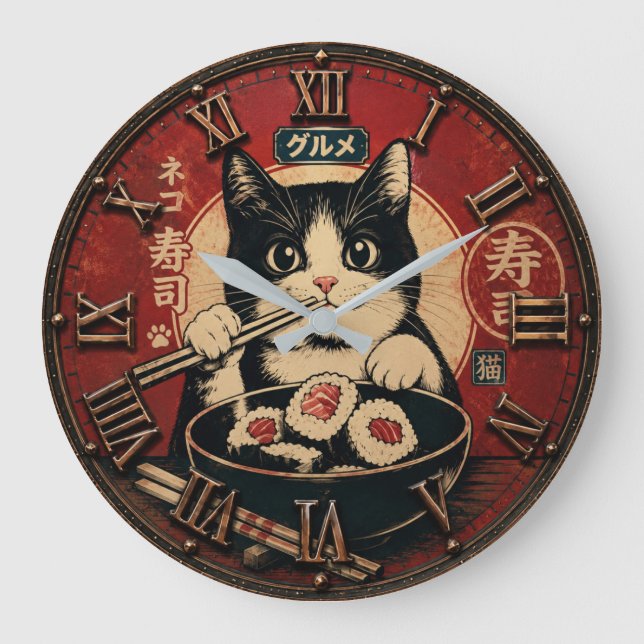 Funny Sushi Cat Japanese Ramen Kitchen Large Clock (Front)